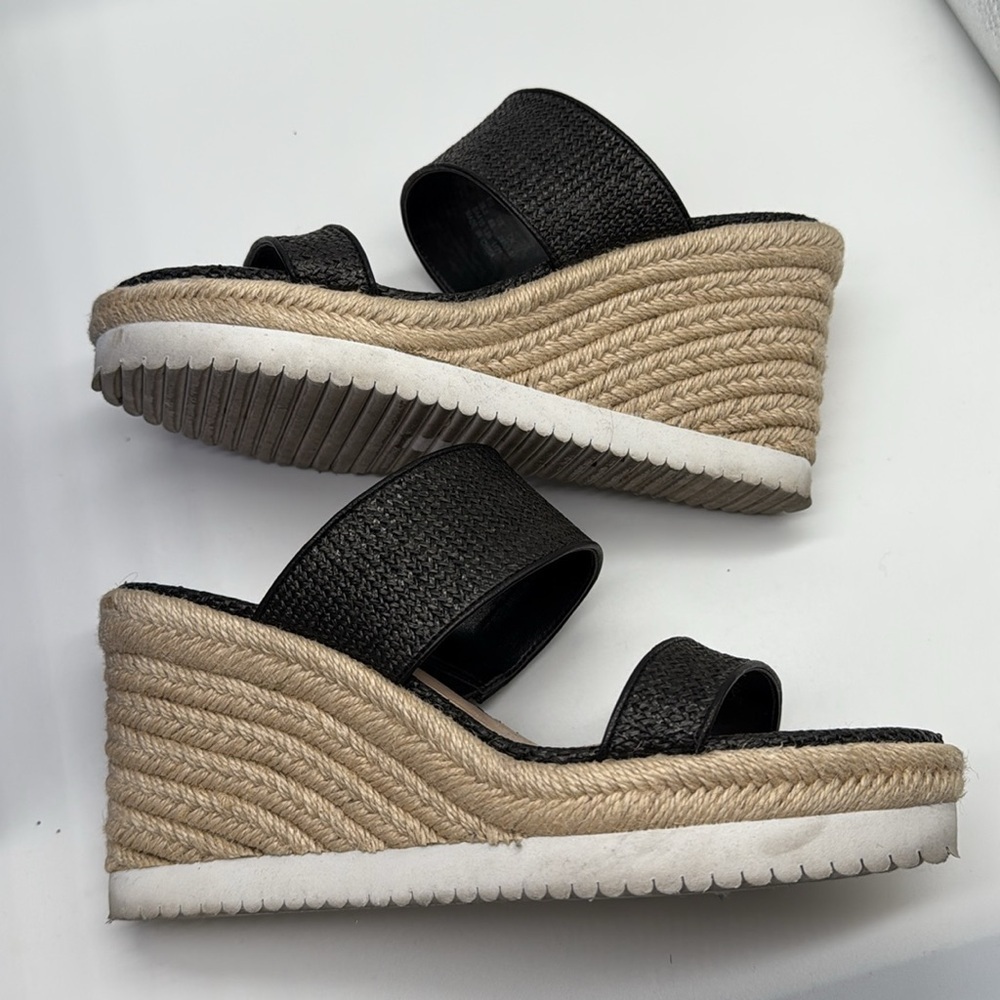Stuart Weitzman Mykonos Two-Strap Wedge Sandals Herringbone Raffia & Black 38.5 - Picture 8 of 12